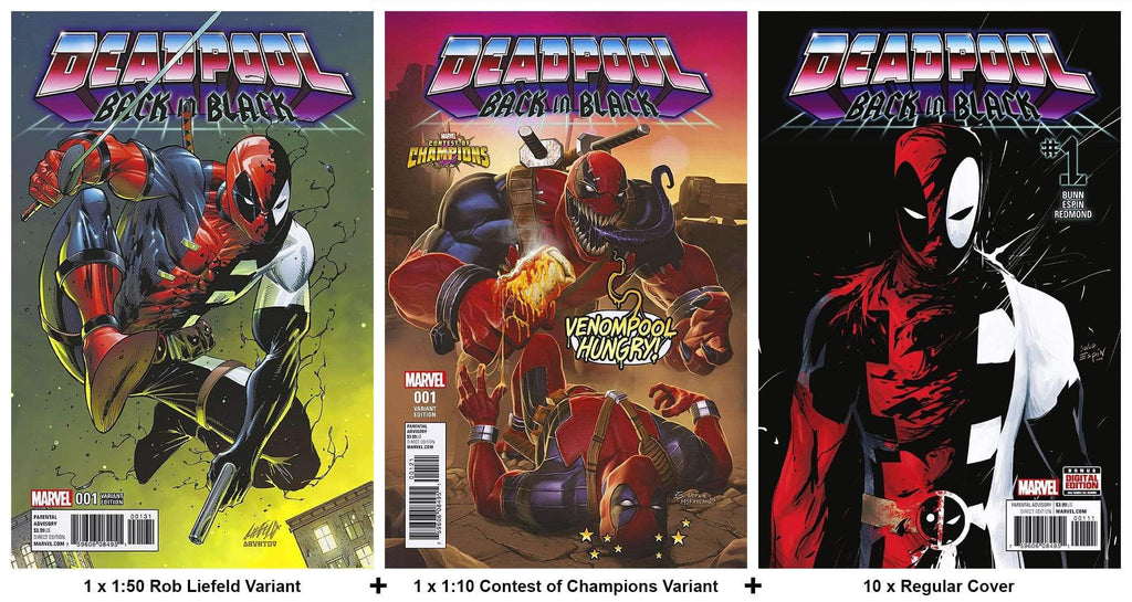 7 Ate 9 Comics Comic DEADPOOL BACK IN BLACK #1 1 x 1:50 Rob Liefeld Variant, 1 x 1:10 Contest of Champions Variant + 10 Regular Cover